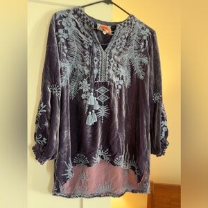 Johnny Was Purple Velvet Blouse with Blue Embroidery